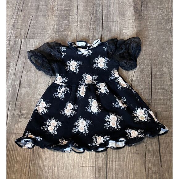 Janie & Jack Other - Janie & Jack Black Floral Dress 2T Puff Sleeves Ruffle Hem Toddler Girls
